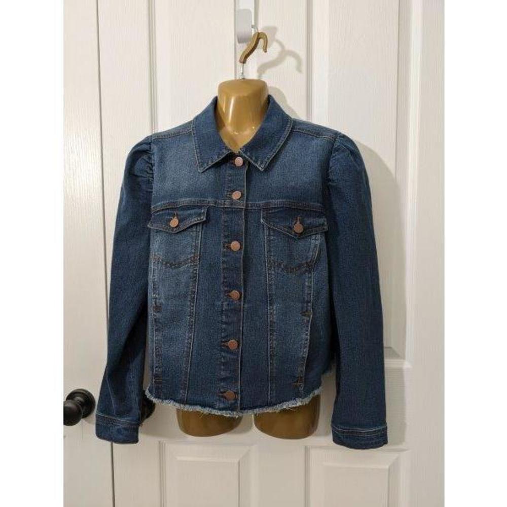 ALL WORTHY Denim Jean Jacket Button-up Puffed Raw hem Sz L
